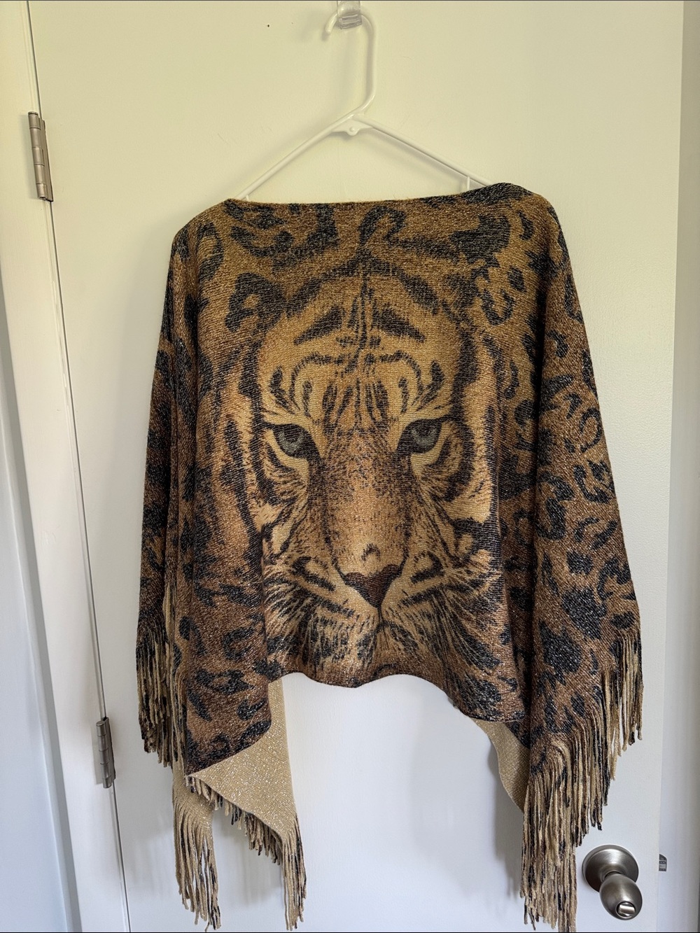 Women's Tan and Black Tiger-Print Fringe Sweater Poncho